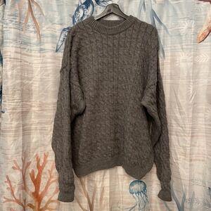 Vintage Paul James British Pure Wool Fisherman Cable Knit Sweater Grey Mens XL